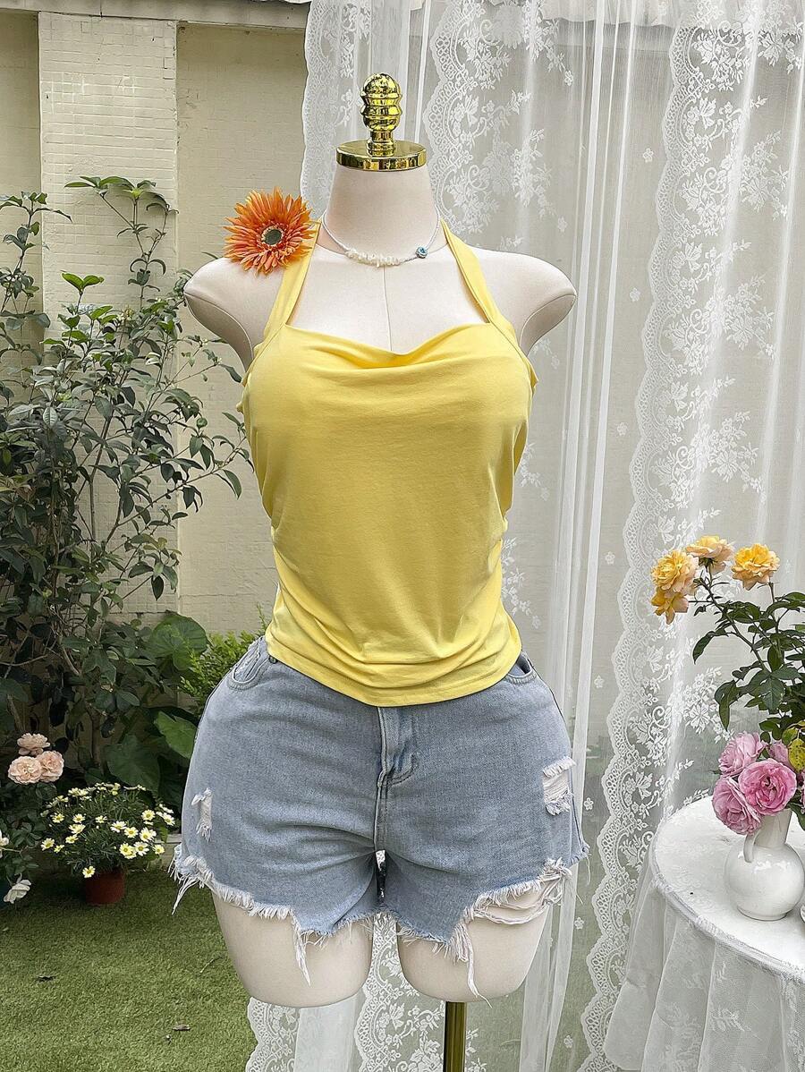 Comfortcana Plus Size Women's Casual Solid Color Ruched Halter Top, Summer - Yellow - View 1