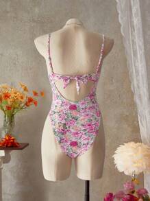 Swim Mod Costume da bagno intero per donna con stampa floreale casuale, reggiseno a balconcino push-up, fiocco davanti, vita alta, schienale incrociato, taglio alto