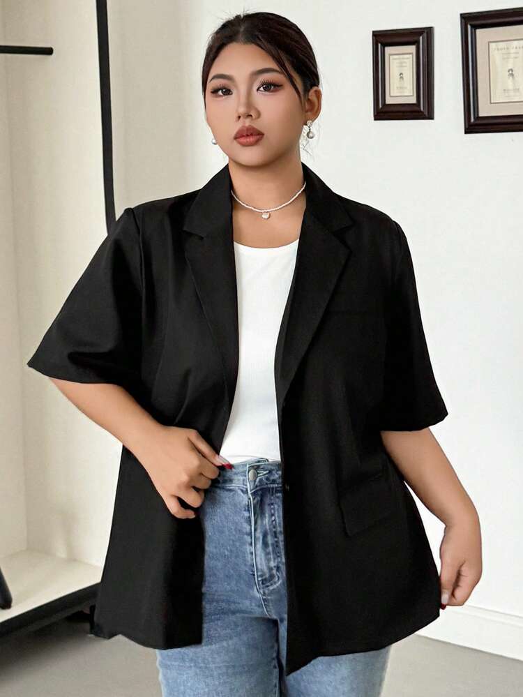Dazy Plus Plus Size Solid Color Turndown Collar Loose Pocket Short Sleeve Black Jacket Suit Women Plus Clothing Formal Business Attire