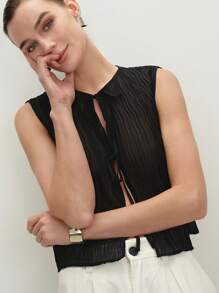 BizChic 2025 Summer New Music Festival Party Gathering Summer Top, Holiday Suitable For Wedding Guests, Brunch, Urban Fashion Commuter Daily Versatile Spring/Summer New Elegant Chic Daily Commute Work Date Vacation Breezy Graduation Season Black Pleated Tie-Bow Top - Black - View 11