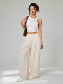 SHEIN PETITE Quần ống rộng thường ngày bằng vải tre dệt co giãn màu mơ mùa hè dành cho nữ Quần áo cơ bản cho kỳ nghỉ giải trí - Màu Khaki - Xem 4