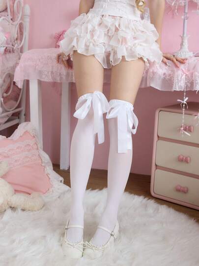 Kawaii 1 Pair Women's Summer Thin White Transparent Knee-High Stockings With Bow Decor (Bow Needs DIY)