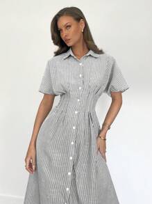 Siren Gaze Váy sơ mi kẻ sọc cài nút phía trước cho nữ đi làm thường ngày - Đen và trắng - Xem 4