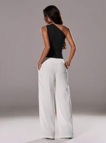 TRNVIE 女士夏季休闲高腰褶皱亚麻质感宽松裤，通勤、度假皆宜 - 白色 - 查看 2