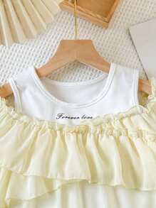 Young Girl Letter Graphic Asymmetrical Sleeve 2 In 1 Pearl Chiffon Panel T-Shirt Top, Summer