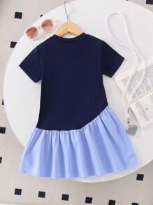 Genkimix Kids Young Young Girl Blue Comfy Round Neck Short Sleeve Patchwork Cute Casual Academy Style Bowknot Decor Dress