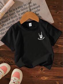 SHEIN 男宝宝休闲卡通可爱食尸鬼脸和字母标语印花短袖T恤 - 黑色 - 查看 2