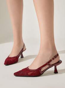 CUCCOO CHICEST CUCCOO Women's Burgundy Lace Backstrap High Heel Shoes, Suitable For Spring And Summer - Burgundy - View 4