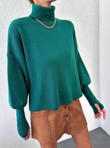 RueChic Áo cao cổ Thả vai Áo len - Màu xanh lá cây đậm - Xem 5