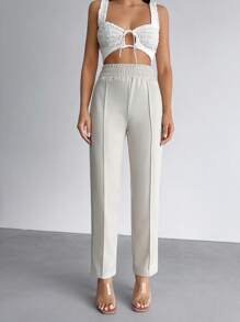 RueChic Damen einfarbige Stoffhose mit elastischem Bund und geradem, gestreiftem Design für den Lässig-Look