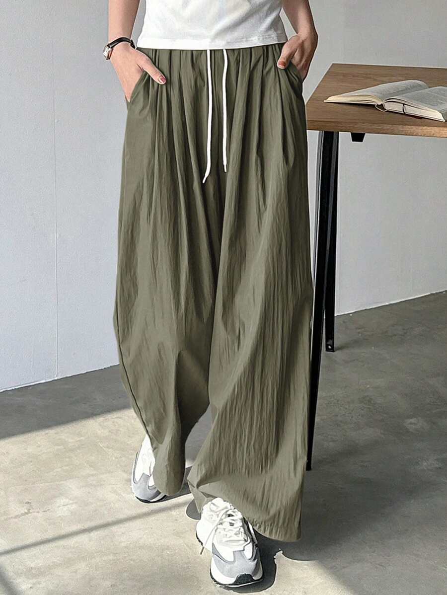 FRIFUL 女士纯色抽绳腰口袋休闲宽松阔腿裤 - 綠色 - 查看 1