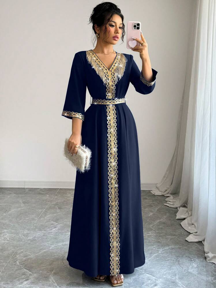 Elenzga Damen elegantes Fransen- & Pailletten-Patchwork-Kleid - marineblau - Übersicht 5