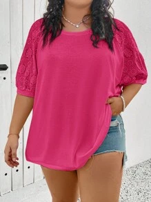 SHEIN CURVE+ 大码夏季休闲纯色提花拼接上衣，适合夏季/乡村/海滩度假 - 玫紅色 - 查看 5