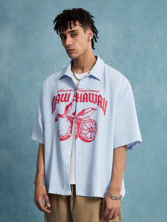 Prep Camicia a maniche corte con bottoni davanti, a righe e con stampa di alfabeto, per uomo