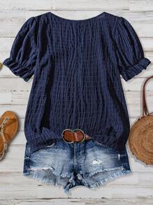 SHEIN VCAY Plus Size Women Summer Casual Textured Fabric Puff Sleeve Square Neck Blouse