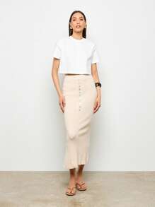 AiiRZ Ribbed Knit Button Detail Midi Skirt Column Pencil Style Autumn Winter Elegant Office Wear - Apricot - View 5