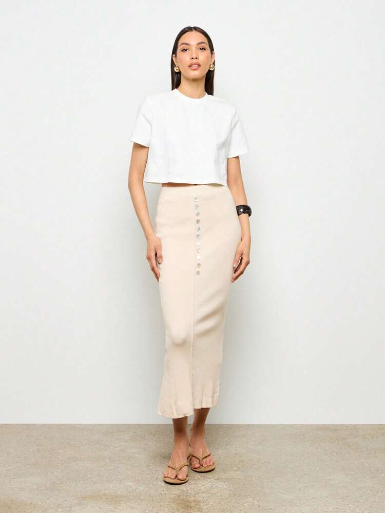 Ribbed Knit Button Detail Midi Column Pencil Sweater Skirt