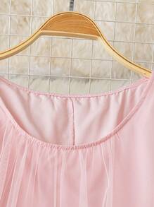 DreamSkyne 大码女式优雅青春甜美度假圆领短袖分层网眼蛋糕裙，春季荷叶边细节连衣裙，沙滩装 - 粉色 - 查看 4