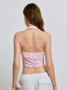 INAWLY Women's Summer Casual Solid Color Halter Neck Backless Crop Top