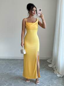 Elenzga Robe élégante à col drapé asymétrique avec volant, fendue, de couleur crème jaune - Jaune citron - Voir 3