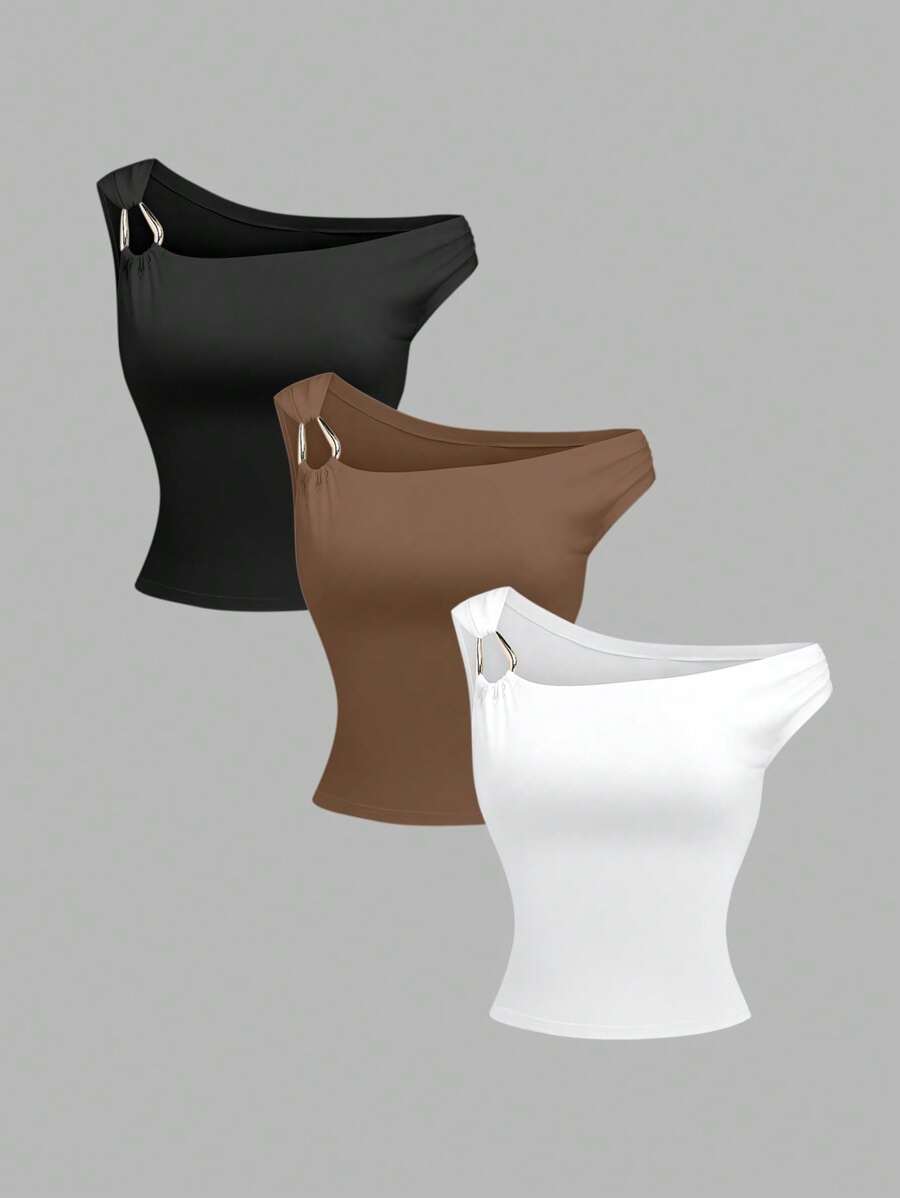 Sweetra 3pcs/Set Asymmetrical Asymmetric Collar Fitted T-Shirt Versatile Casual Tops, Spring/Summer - Multicolor - View 1