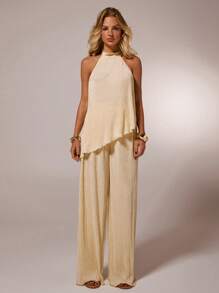 SHEIN Forever 21 夏季女士舞会/正式场合/海滩/度假/可爱/西式服装/商务休闲/优雅/生日/外出/夜店/办公室着装/音乐节/锐舞派对/工作服/高贵/乡村音乐会/早午餐/邮轮/老钱/机场/端庄/教堂/仙女风/下午茶/千禧年/街头风/2000年代/迪斯科/春假/毕业典礼/婚礼宾客/鸡尾酒会/复古/紧身/度假/杏色纹理无袖上衣和长裤两件套 - 杏色 - 查看 6