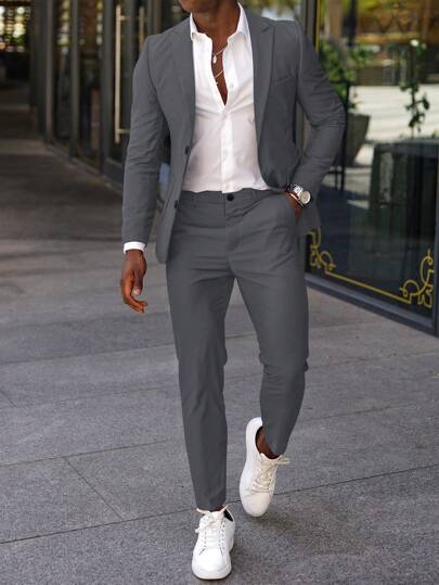 Manfinity Mode Herr Casual Minimalistisk Affärs Enfärgad Spetskrage Enkelknäppt Öppen Kofta Jacka Herr Casual Kostymer Herr Casual Kostym Herr Casual Kostym Herr Klänning Outfit Outfits för män