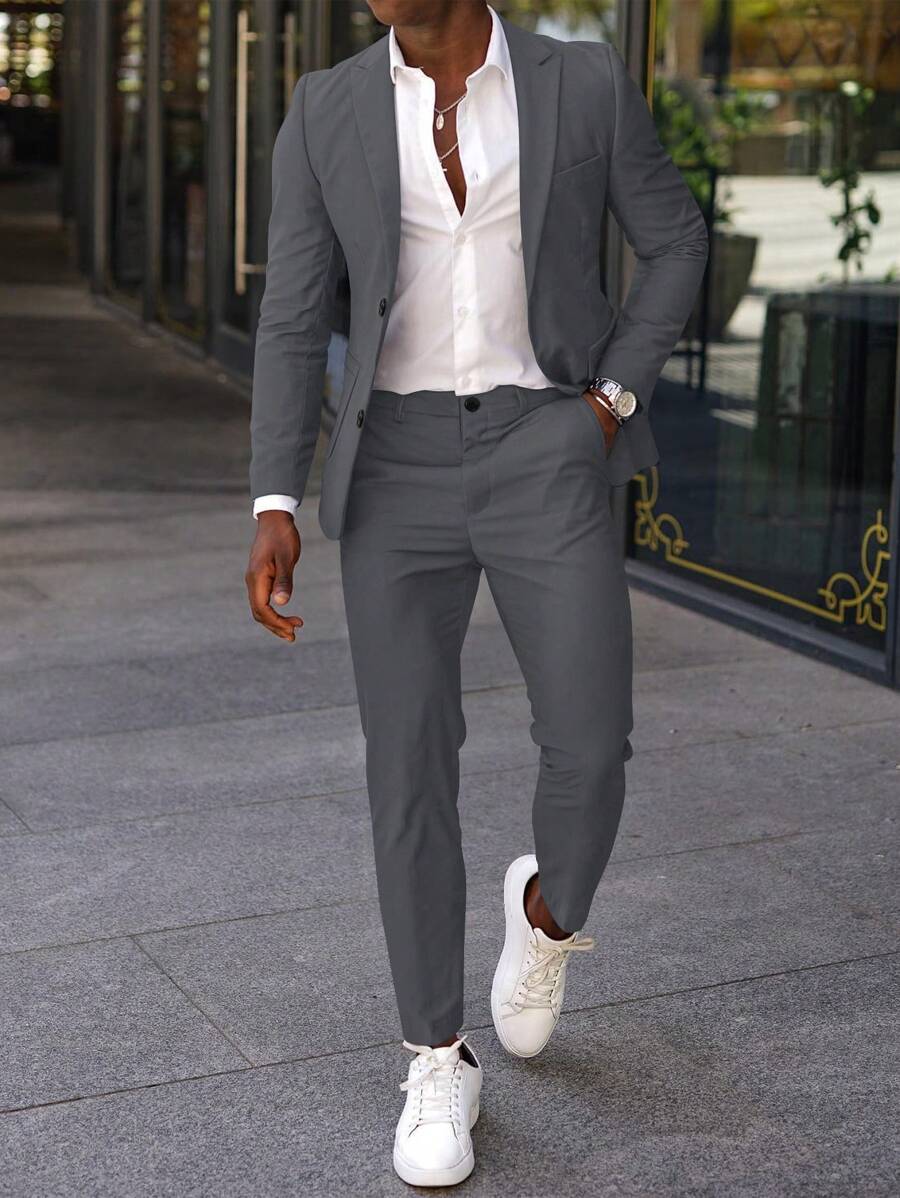 Manfinity Mode Men's Casual Minimalist Business Solid Color Peak Collar Single-Breasted Open Cardigan Jacket Men Casual Suits Men Casual Suit Men Casual Suit Men Dress Outfit Outfits For Men - Dark Grey - View 1