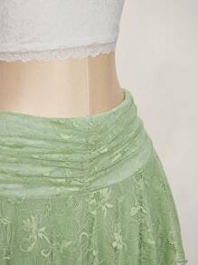 SHEIN ICON Falda midi acampanada de talla grande con cintura alta, en verde claro con parches de encaje, adecuada para el verano y las vacaciones - Verde - Ver 5