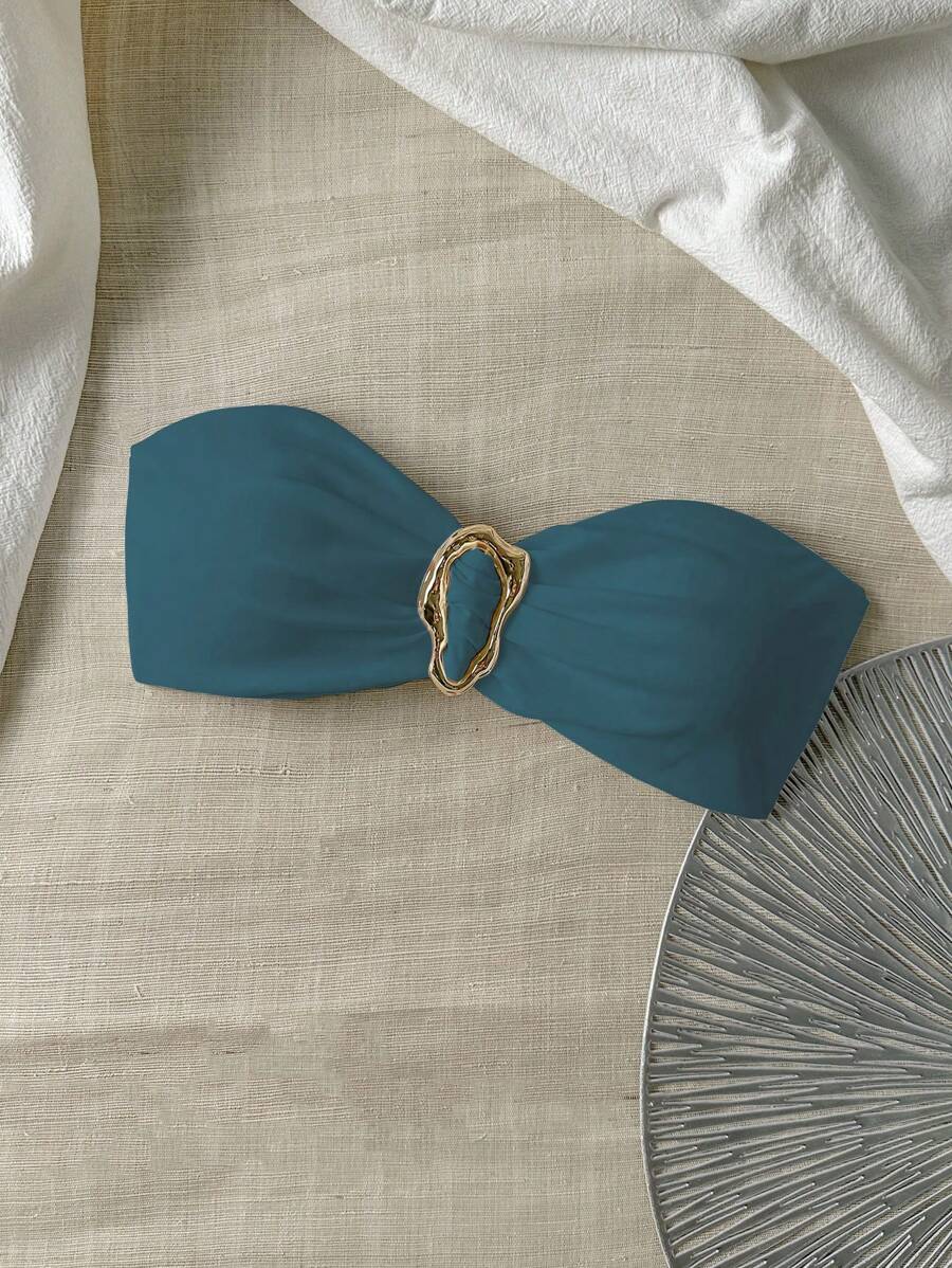 Swim Vcay Springbreak Women's Summer Solid Color Metallic Decor Sexy Bandeau Bikini Top - Dark Green - View 1