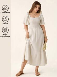 Comfylo Vestido de manga corta con cuello cuadrado, volantes y fruncidos en la Bottom, talla grande, unicolor, cómodo y holgado, estilo bohemio, ideal para el Día de la Madre, graduación, verano, vestido fluido blanco, atuendos de vacaciones y playa para mujer, atuendos de vacaciones, vestidos de sol para mujer - Albaricoque - Ver 3