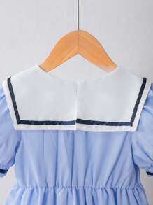 SHEIN Elladie kids Vestido de Princesa com Gola Marinha e Mangas Bufantes para Meninas Jovens, Detalhe Fofo de Laço, Cor Azul Claro, Vestido Casual Escolar/Formal para Uso Diário e Passeio - Azul - Visão 8