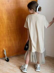 Hapijoa 青少年女孩圆领针织短袖网眼拼布连衣裙，夏季，返校服装 - 卡其色 - 查看 6