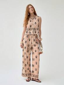 Florisole 女式波西米亚风格刺绣度假无袖上衣和高腰流苏系带阔腿裤套装，春夏 - 卡其色 - 查看 1