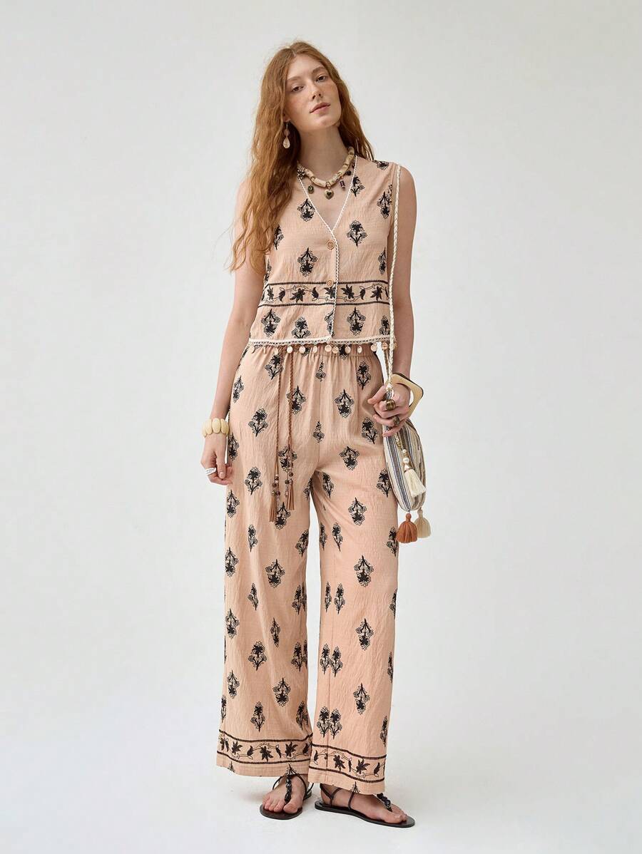Florisole 女式波西米亚风格刺绣度假无袖上衣和高腰流苏系带阔腿裤套装，春夏 - 卡其色 - 查看 1