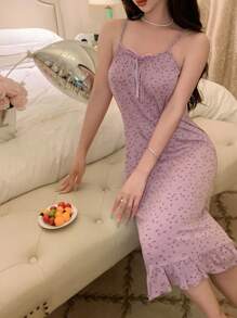 DAZY Đầm ngủ nữ họa tiết hoa xếp nếp nơ trang trí - Màu tím - Xem 4