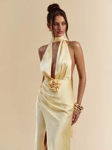 SHEIN BAE 纯色性感深V领露背高开衩缎面长裙，黄色连衣裙，适合度假、早午餐、生日、婚礼宾客服装、伴娘礼服，春夏季