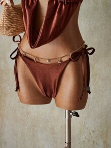 SHEIN ICON Women Boho Beaded Neckline Swimwear Set + Bikini Bottom, Suitable For Vacation And Music Festivals 4th Of July Women Outfits Back To School - Brown - View 6