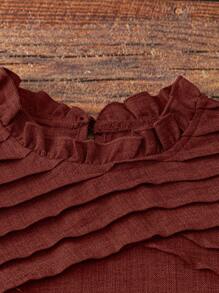 SHEIN Clasi 女式休闲蓝色不对称荷叶边盖袖衬衫 + 女式休闲蓝色松紧腰侧袋直筒九分裤，春夏 - 亮橙色 - 查看 5