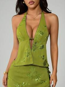 SHEIN PETITE Spring And Summer Women Minimalist Fitted Halter Tank Top, Casual Holiday Wear/Beach - Green - View 3
