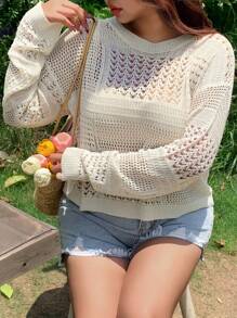 Dazy Plus Sheer Hollow Out Round Neck Long Sleeve Cover Up Cover Up For Women,Spring/Summer Vacation - White - View 1