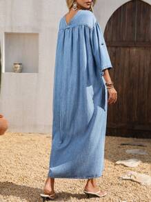 SHEIN Tall Fashionable Casual Button-Up Pleated Washed Long Denim Dress - Light Wash - View 2