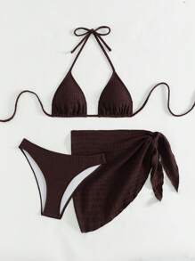 SHEIN Swim 女士夏季沙滩纯色露背性感比基尼泳装套装，带罩衫和半裙，3 件套 - 棕色 - 查看 5