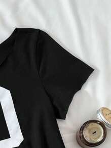 SHEIN Leap Crew 少女休闲皇家黑色针织标语露肩印花短款短袖修身上衣，春夏季，清凉，基本款，日常，百搭，运动时尚夏季上衣，开学季，校服~ - 黑色 - 查看 4