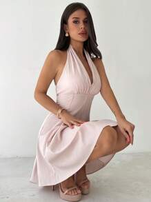 Firerie Vestido corto de mujer con cuello en V, espalda descubierta y pliegues en la cintura, elegante y versátil para vacaciones, traslados, verano