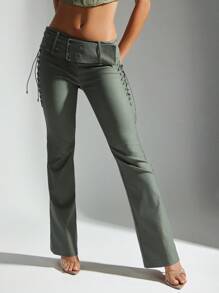 Denimoi 系带修身喇叭裤侧系带中腰裤