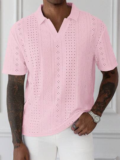 Manfinity Homme Męska jednokolorowa, krótka, swobodna, różowa koszula polo z haftem i wypalanym wzorem, letnie koszule męskie, styl lat 2000.