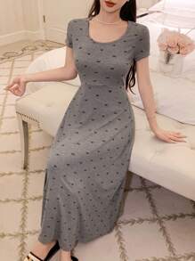 DAZY 蝴蝶印花修身短袖女式家居睡衣 - 灰色 - 查看 3