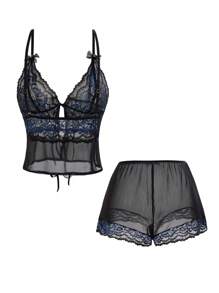 SHEIN Conjunto de pijama de camisola y shorts de encaje azul marino sexy - Negro - Ver 2