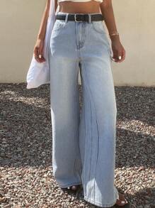 DAZY 女式宽松直筒牛仔裤，带线条图案装饰，休闲街头服饰，返校服 - 淺色水洗藍 - 查看 2